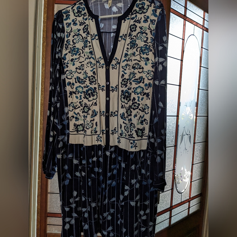 Tiny for Anthropologie navy and white peasant dress size L, NWOT